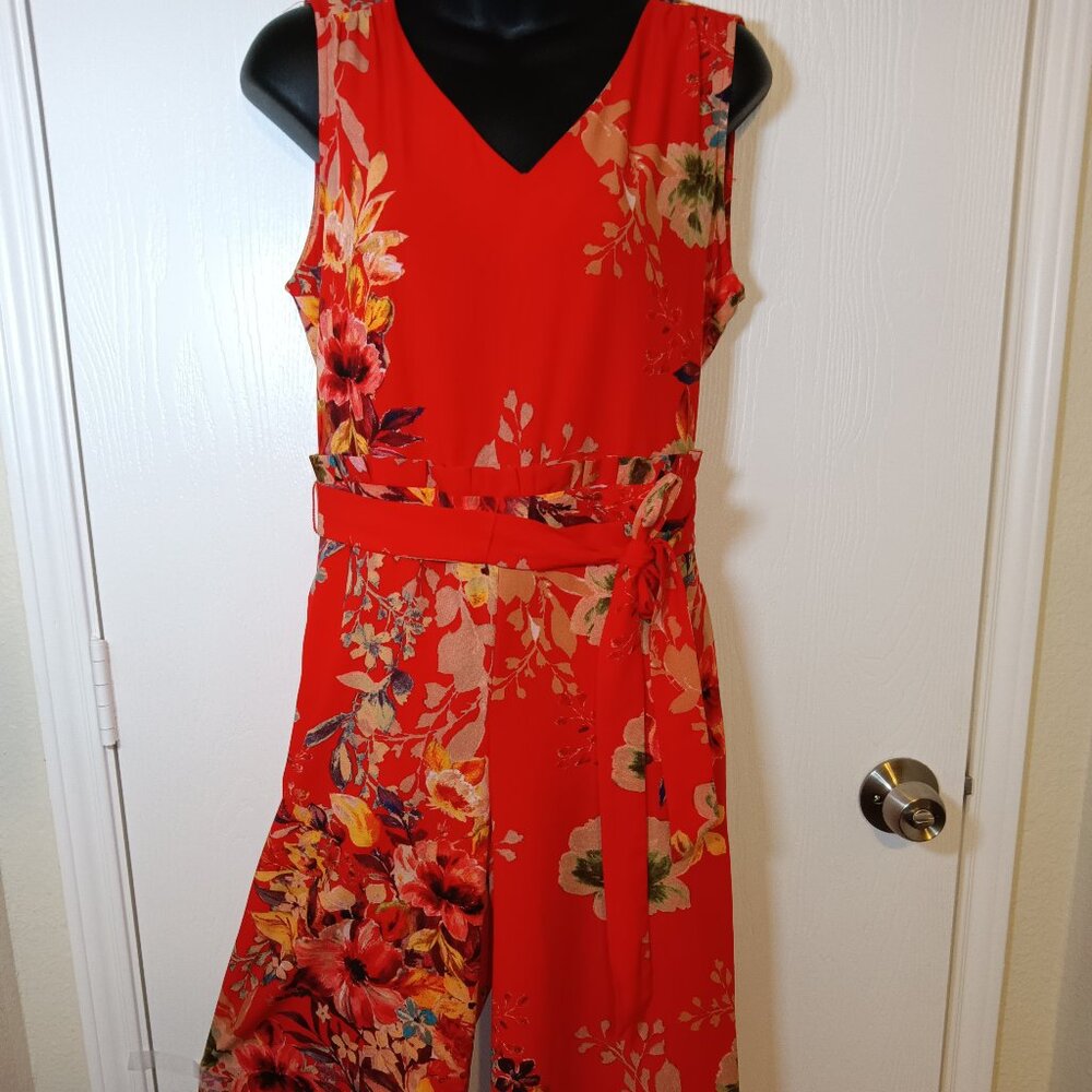 Beige by Eci Small Red Tropical Flower Print Jumpsuit